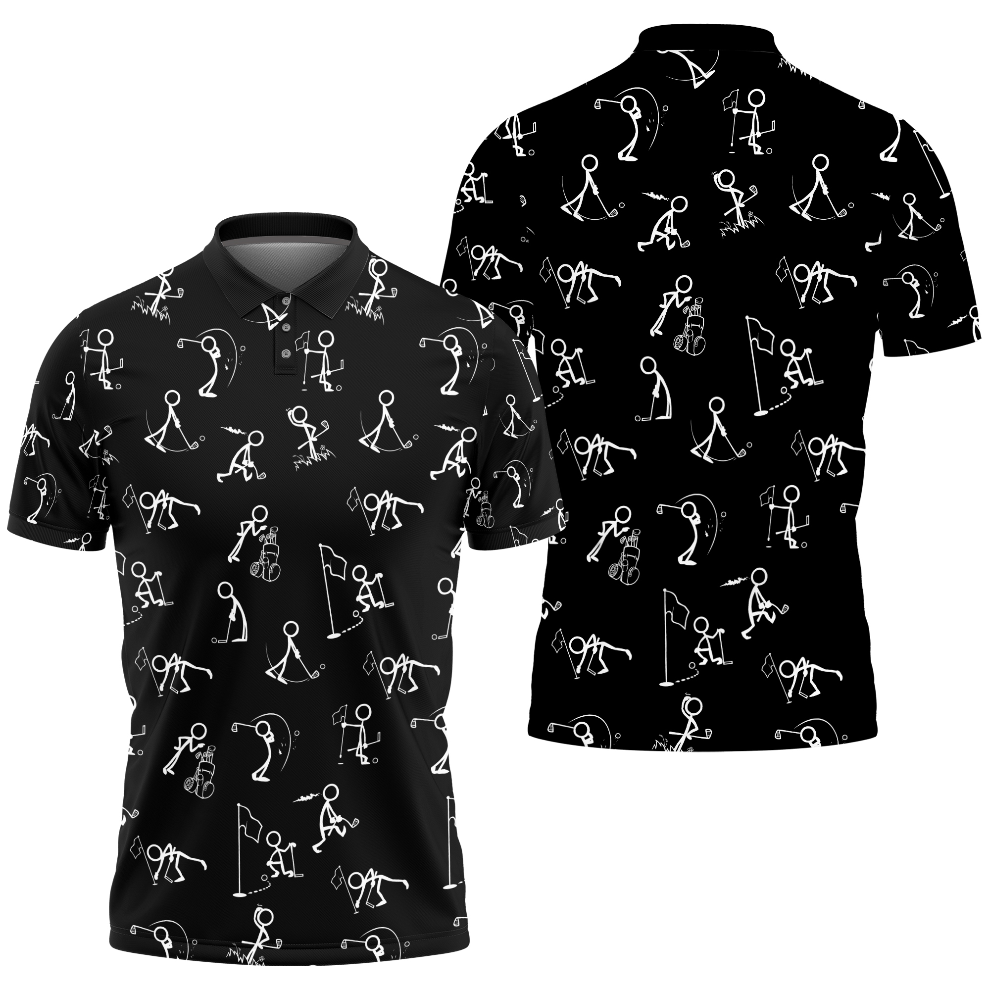 Stick Figures Playing Golf Polo Shirt, Cute Golf Pattern Polo Shirt