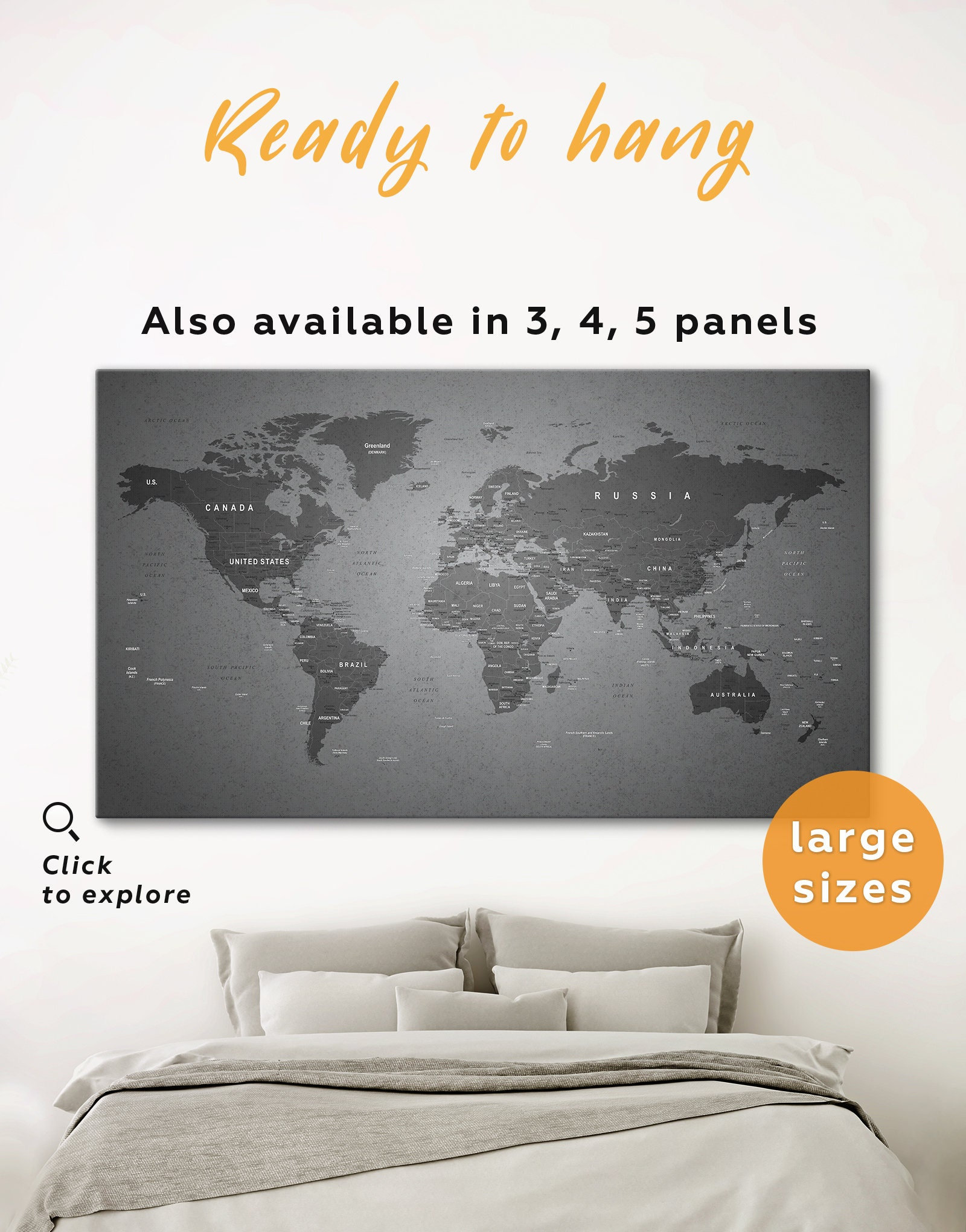 Grey World Map Canvas Gray World Map Wall Art | Large Travel Map With ...