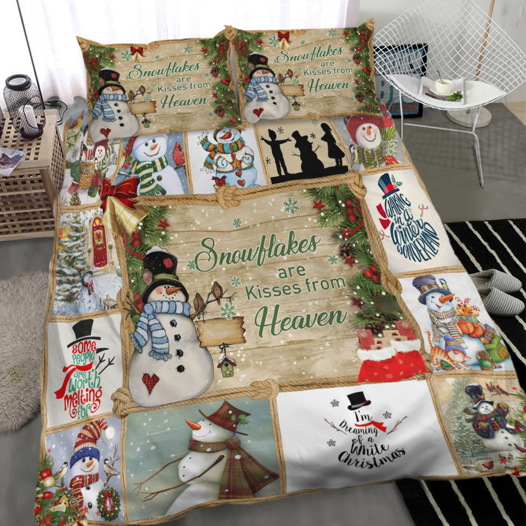 Snowman Snow Flakes Are Kisses From Heaven Merry Christmas Bedding Set