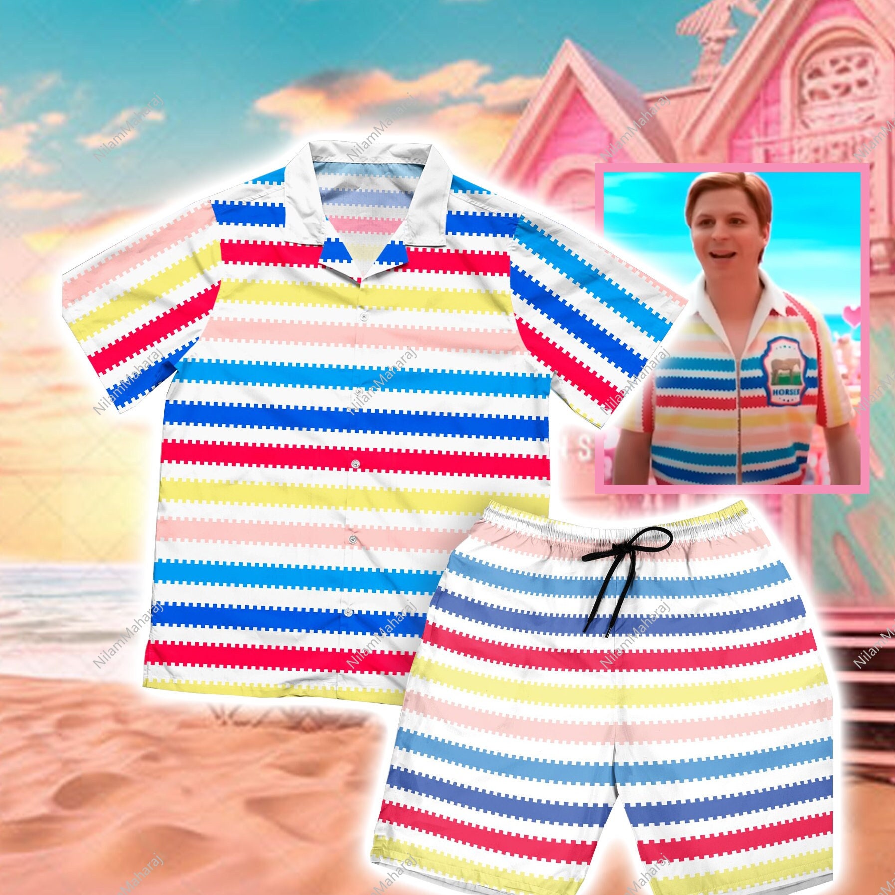 Allan Barbi Movie Hawaiian Shirt, Allan's Striped Shirt, Barbi Margot ...