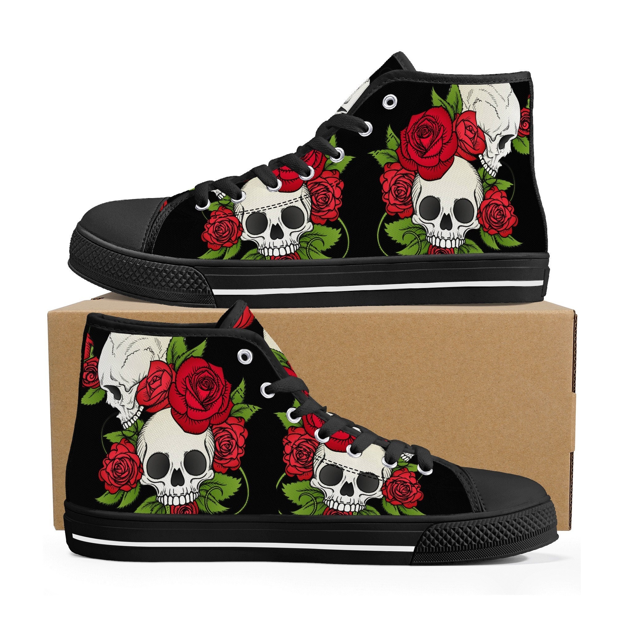 Floral Rose Sugar Skull Skeleton Girly Pattern Print Black Sneaker Shoes For Men Women