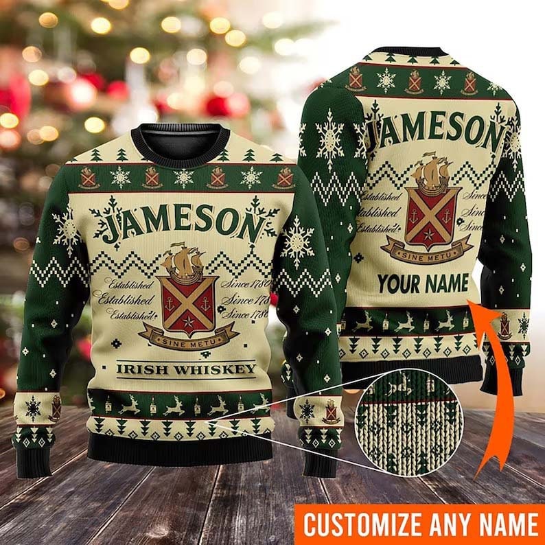 Personalized Irish Whiskey Ugly Christmas Sweater, Custom Whiskey Xmas Sweatshirt