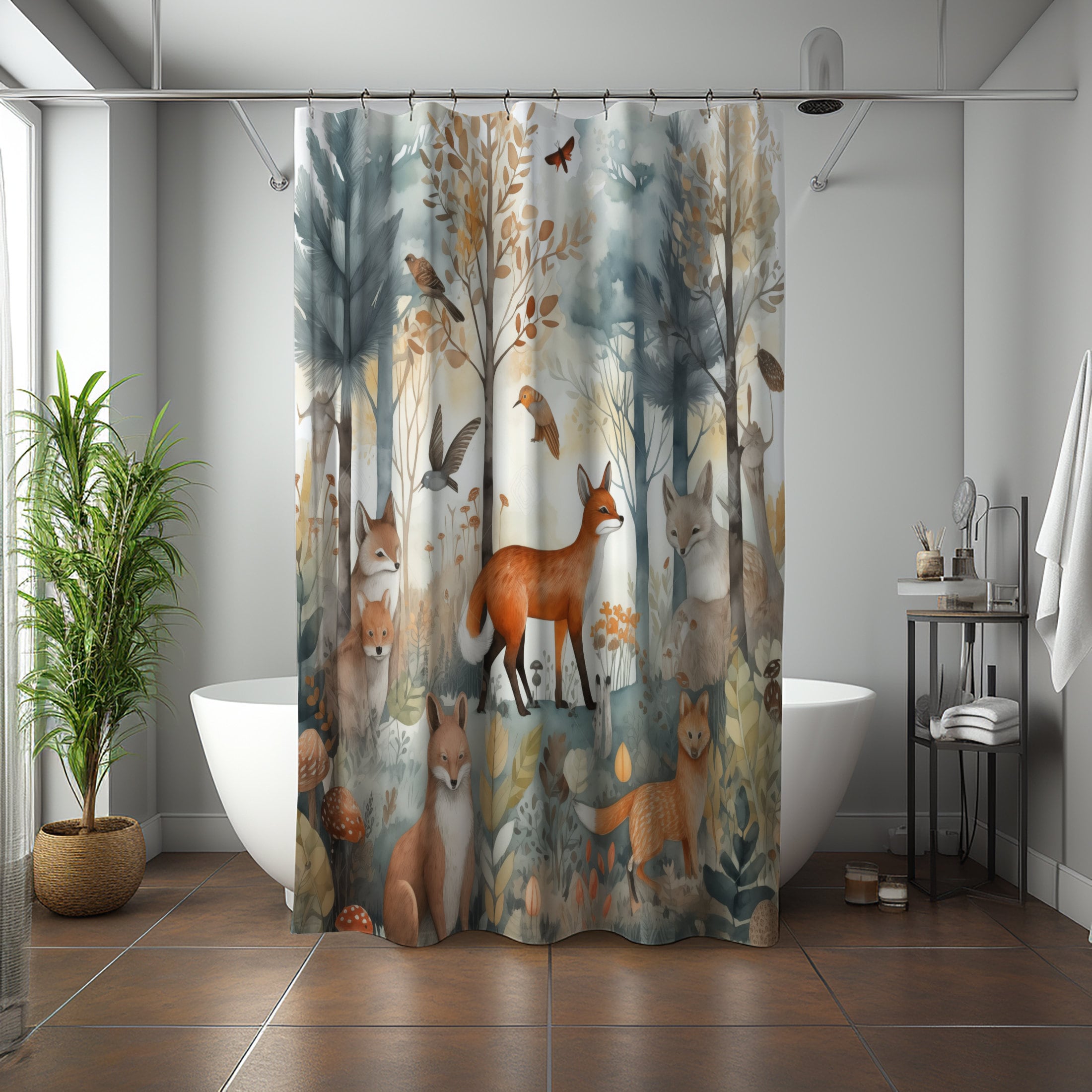 Woodland Creatures Fox Rabbit Owl Shower Curtain