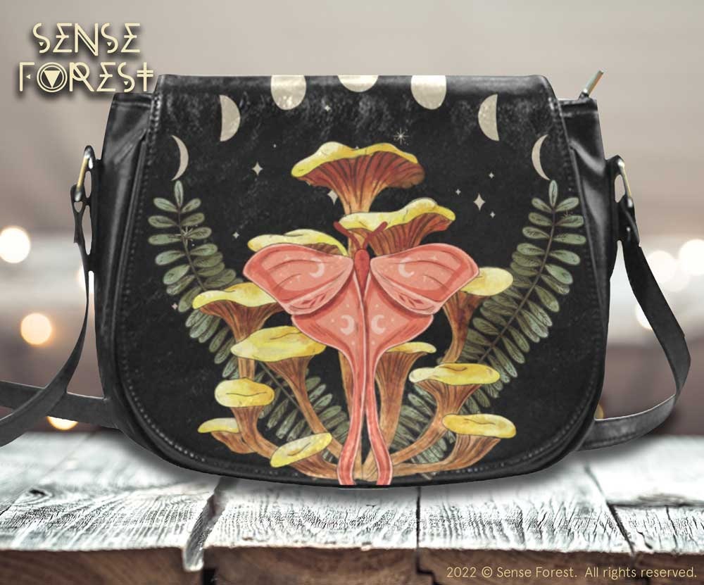 Mushroom Luna Moth Vegan Leather Goth Saddle Bag