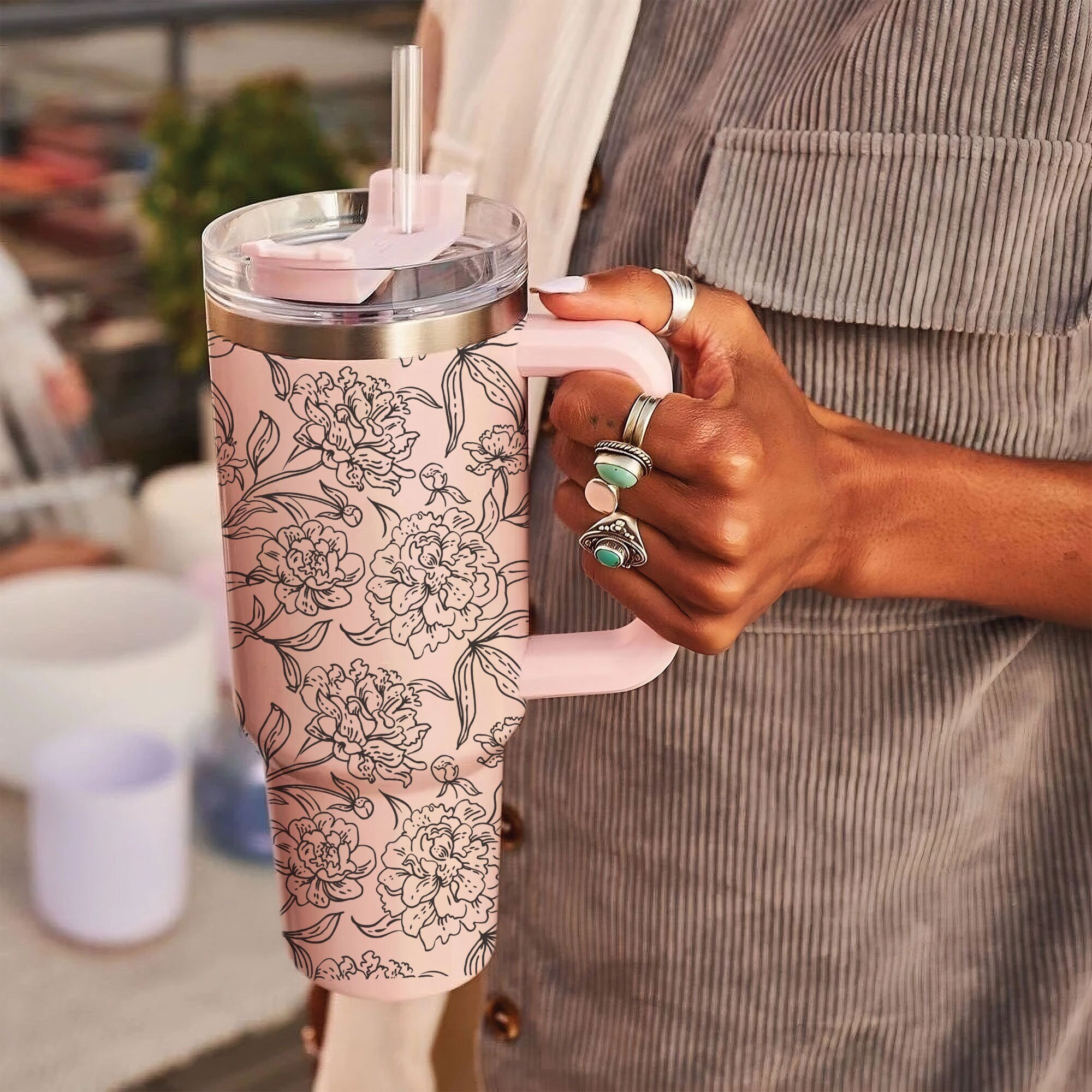 Peony Floral Wildflowers Tumbler 40oz With Handle