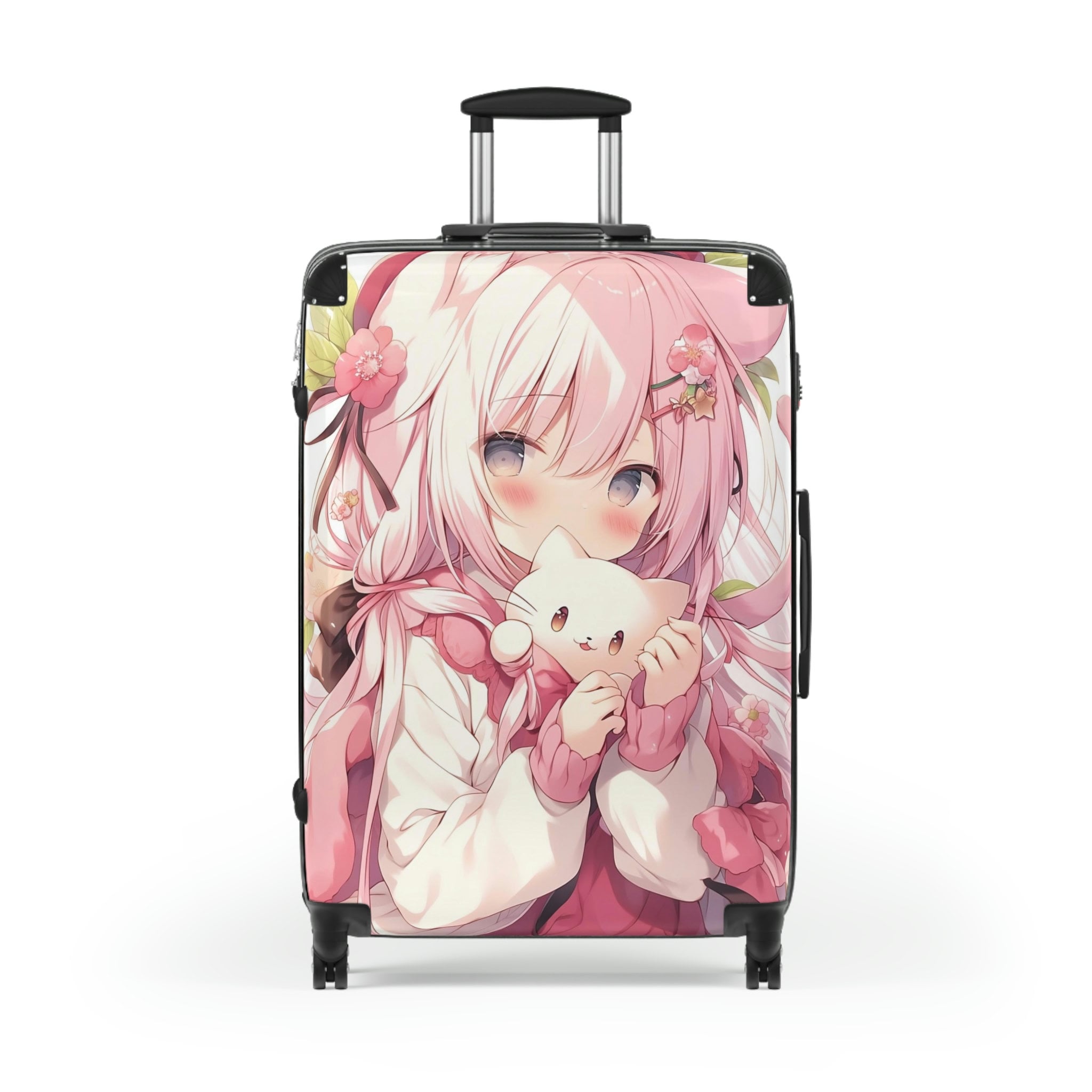 Pink Anime Suitcase Luggage, Girl Cat Kawaii Carry On 4 Wheels Cabin Travel