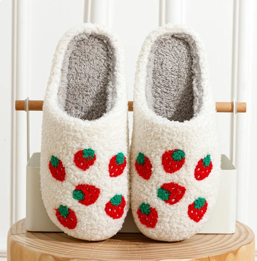 Strawberry Slippers White Fluffy Cosy Slippers
