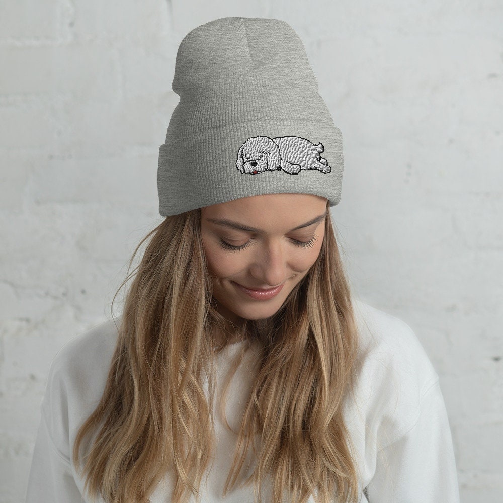 Havanese Cuffed Beanie / Embroidered Knit Warm Hat / Lazy Sleeping White Havanese Winter