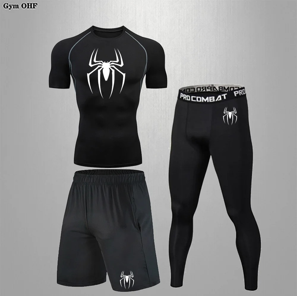 Men's Compression T Shirt Quick Dry Mens Running Superhero Gym Fitness Rashgard Tight Set