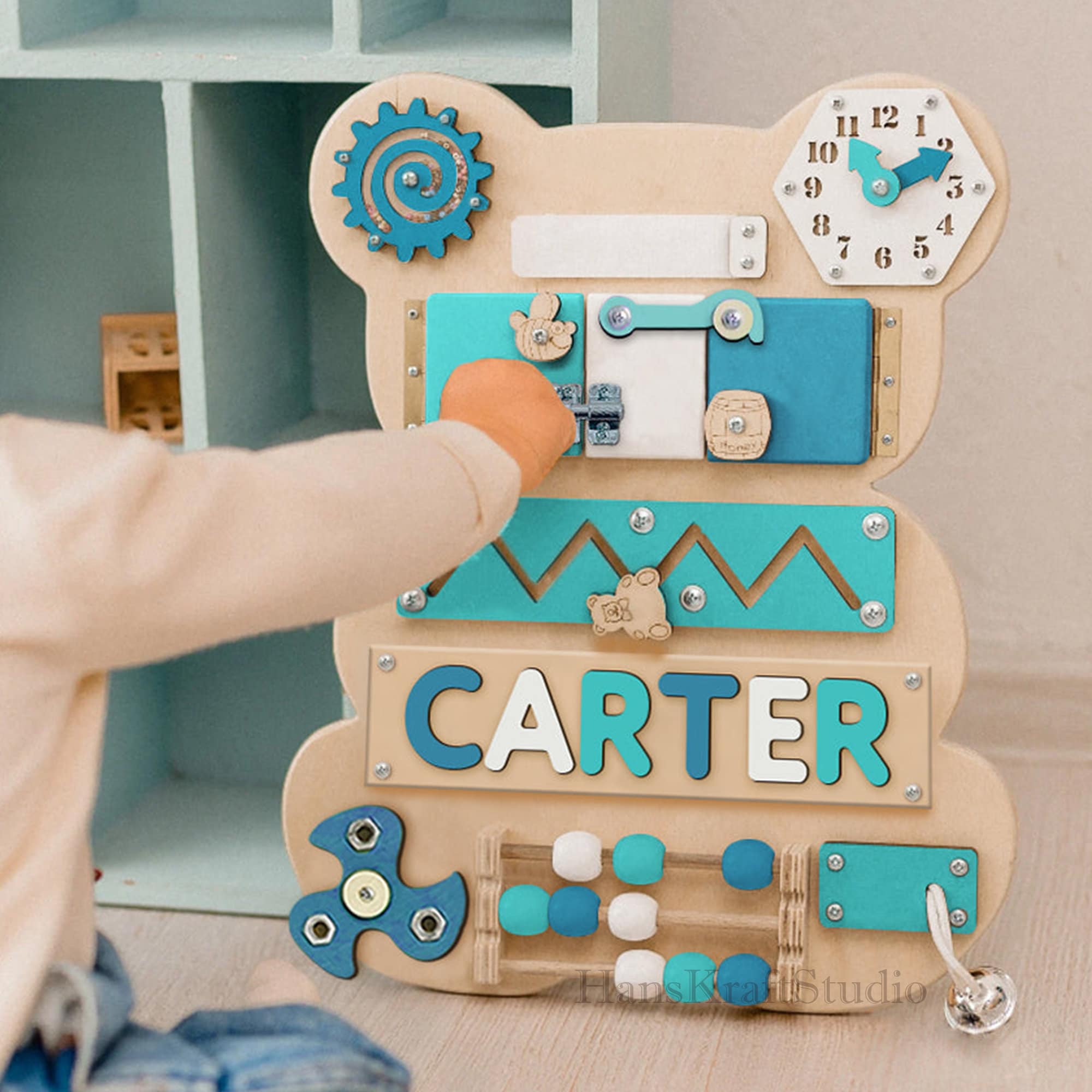Customized Bear Busy Board For Kids, Personalized Name Wooden Board, Montessori Baby Toys, First Birthday Gift For Kids