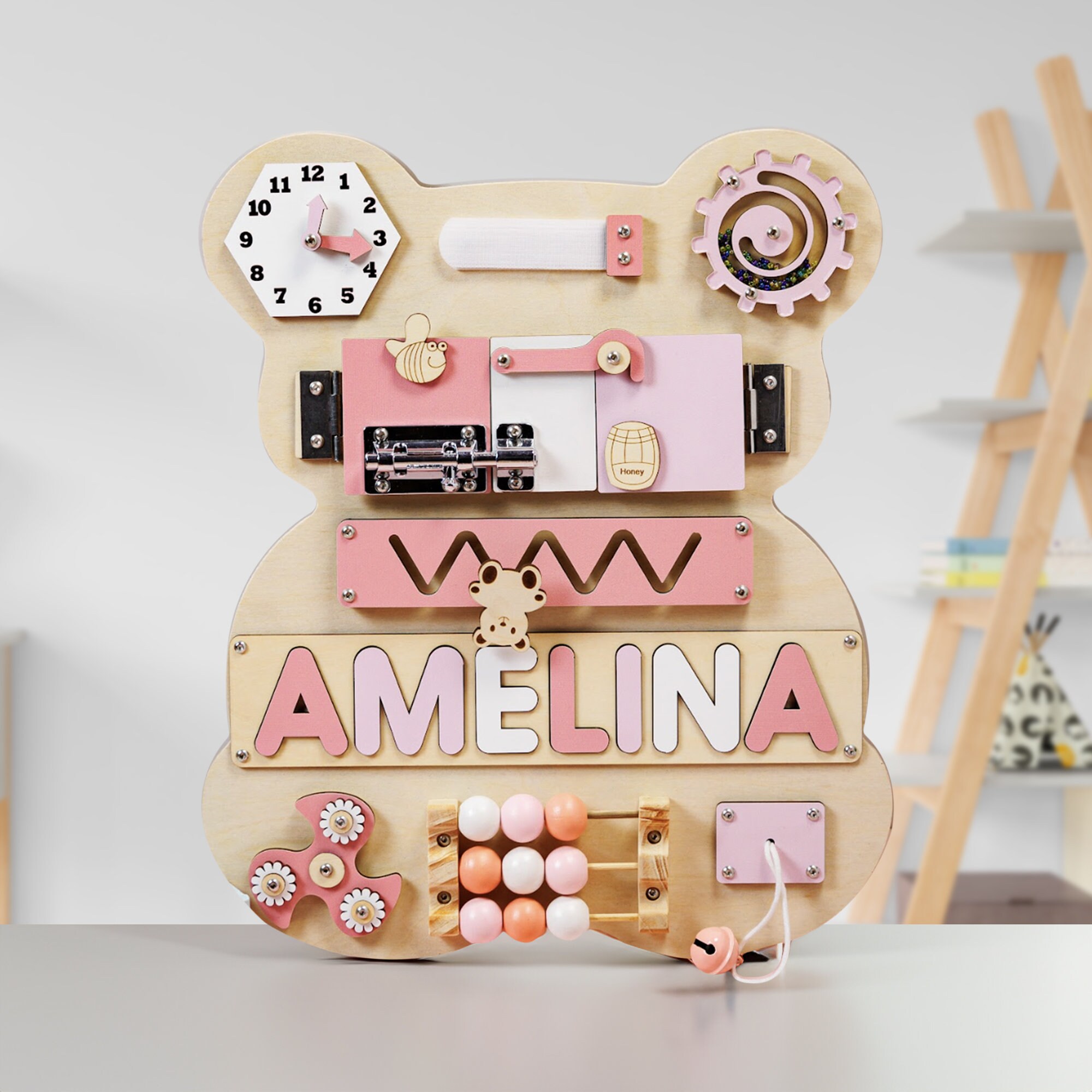 Personalized Pink Bear Busy Board With Baby Name, Custom Bear-themed Sensory Board, Montessori Activity Toys Gift