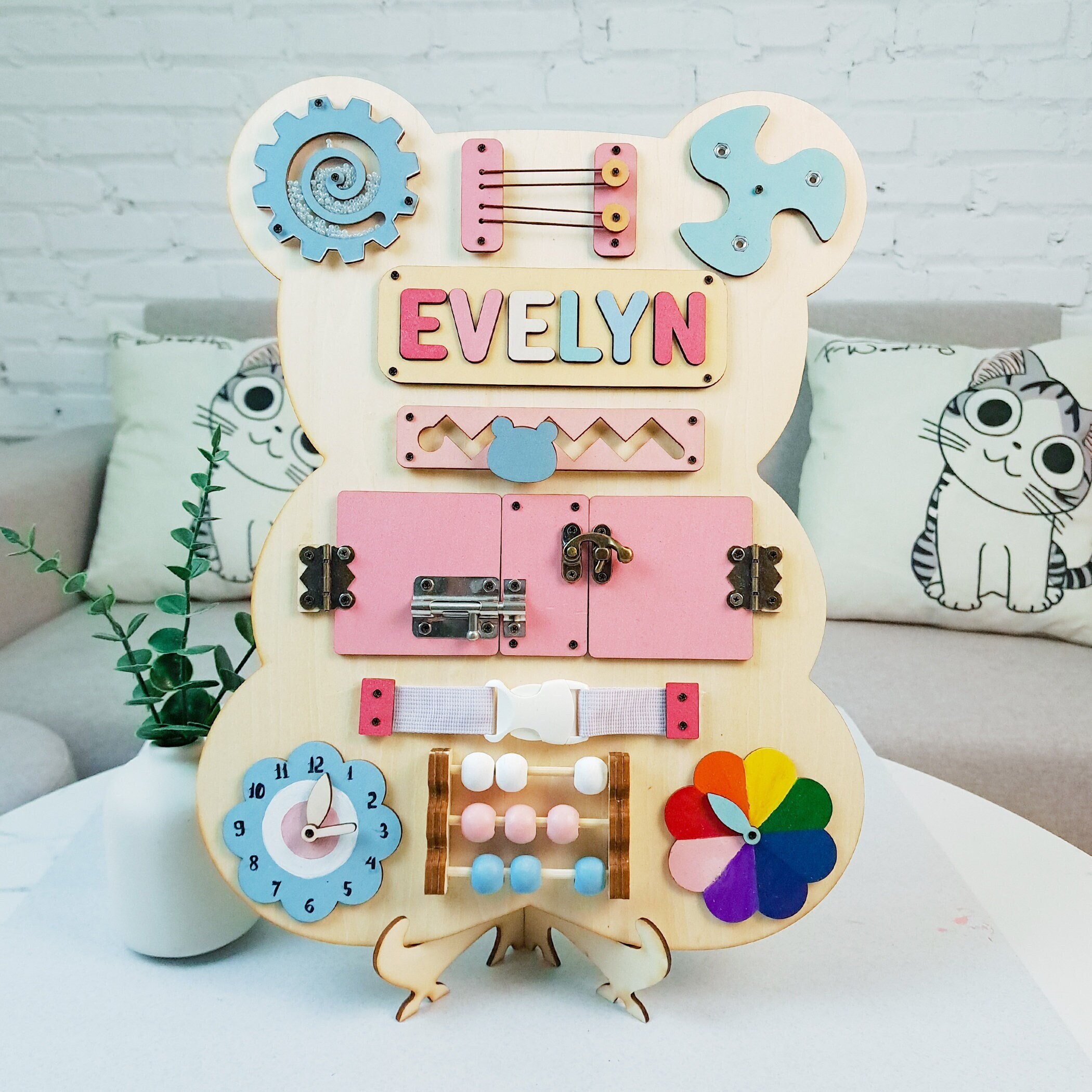 Custom Name Bear-shaped Busy Board, Wooden Montessori Busy Boards Toys, Gift Birthday For Girl And Boy