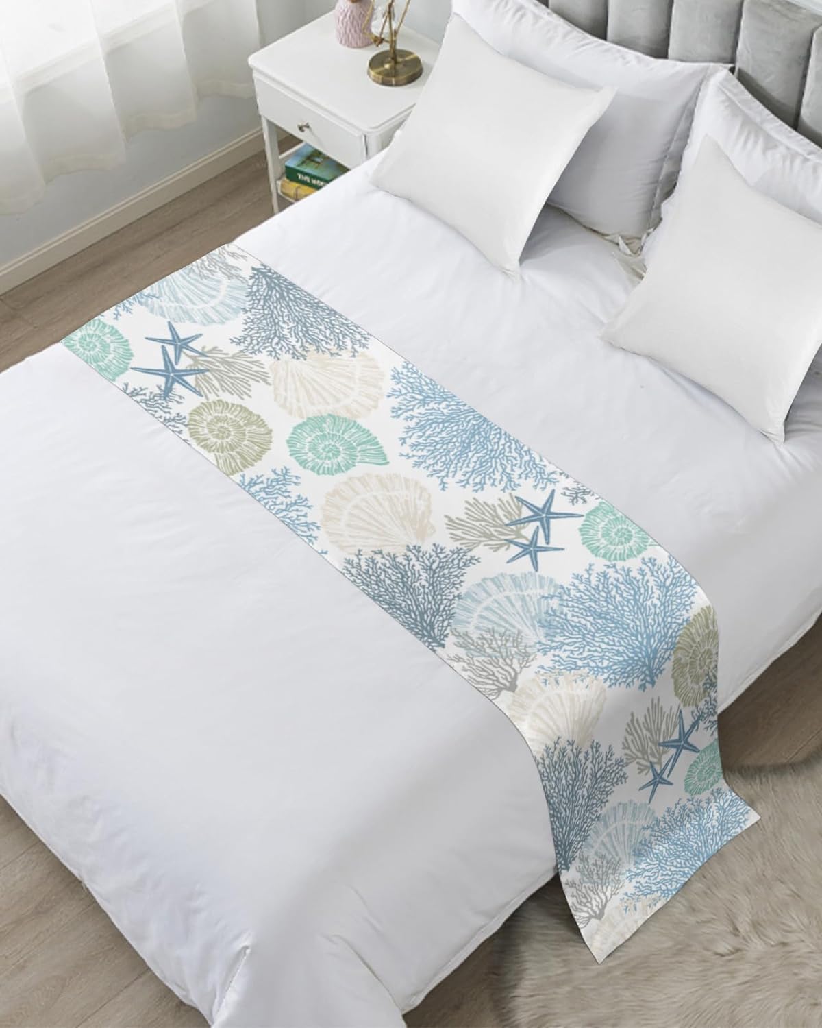 Blue Teal Coral Bed Runners, Summer Beach Starfish Modern Geometric Bed Runner