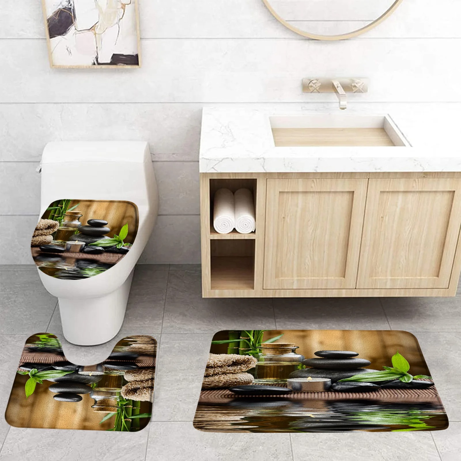 Zen Green Bamboo Bath Mat Set Black Stone Wild Animal Tiger Scenic Spa Toilet Seat Cover