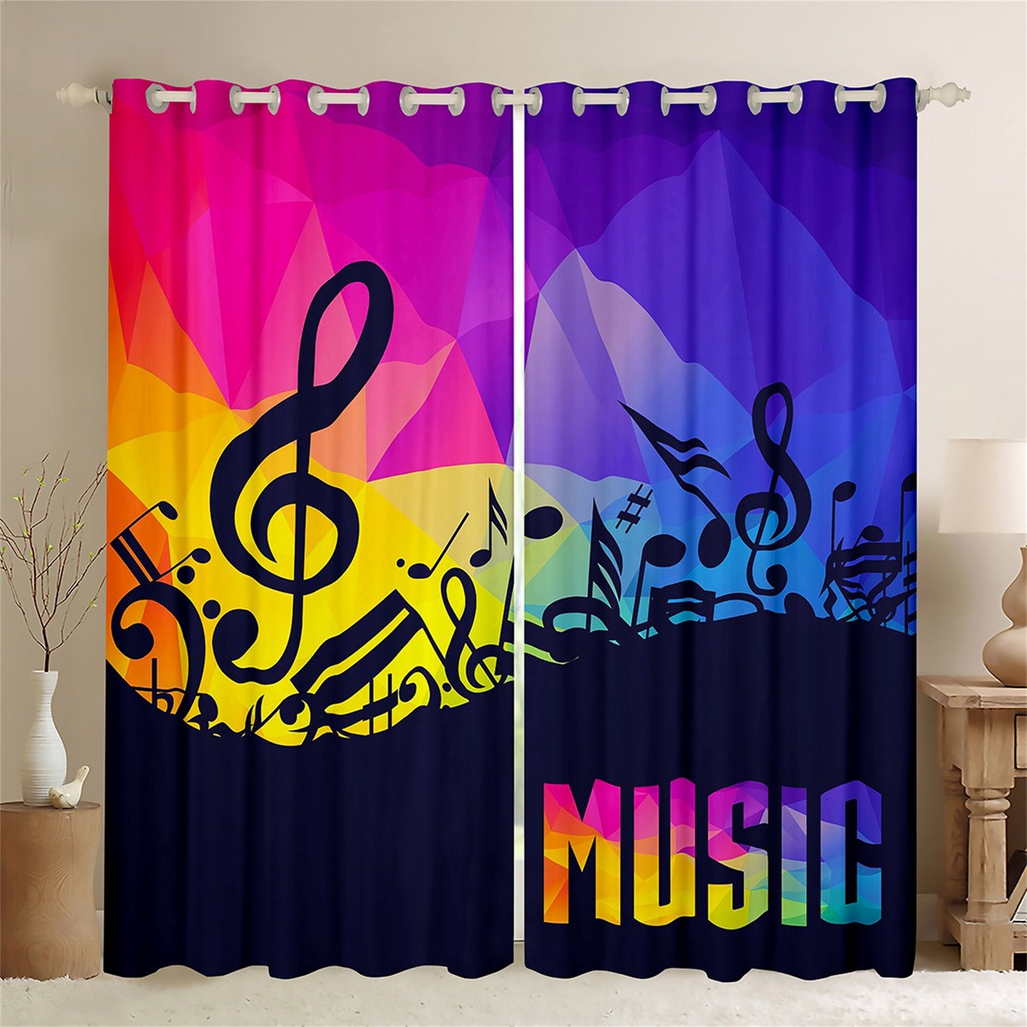 Music Lovers Window Curtains, Modern Musical Notes Rhythm Fashion Window Drapes