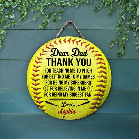 Softball Thank You Dad Custom Personalized Wood Circle Sign