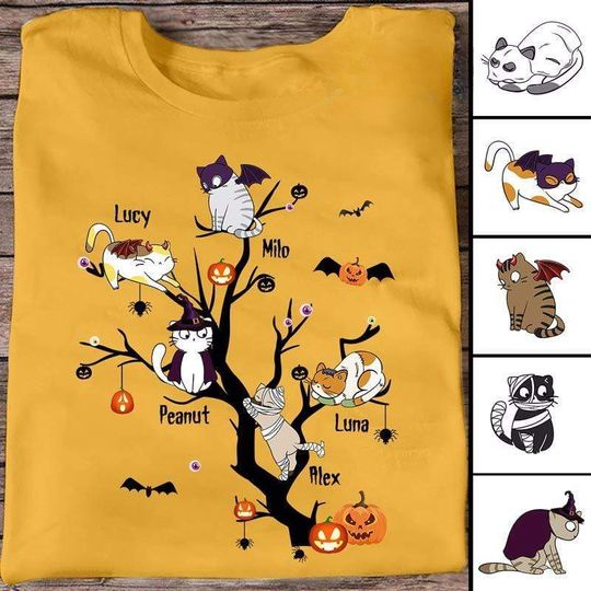 Discover Halloween Cats Sitting On Tree Personalized Custom Unisex T-Shirt