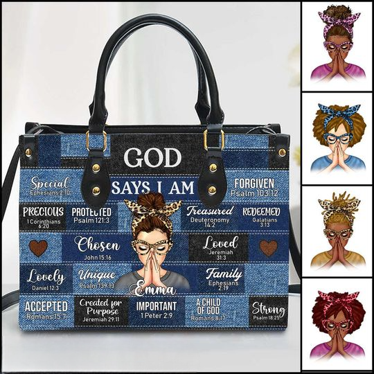 Discover God Says I am Praying Girl Denim Pattern Custom Hair, Name Leather Handbag