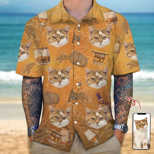 Discover Personalized Photo Cat With Whiskey Custom Hawaiian Shirt