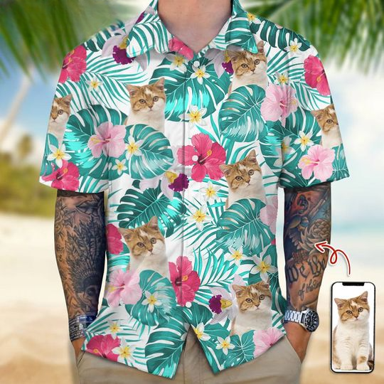 Discover Custom Upload Photo Tropical Style Cat Personalized Hawaiian Shirt