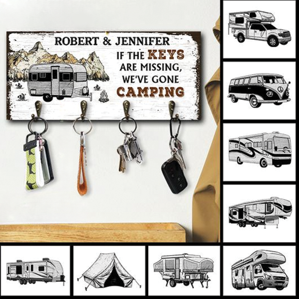 Camping Couple If The Keys Missing Personalized Custom Wood Key Holder