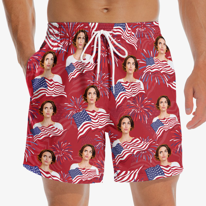 Discover Custom Photo Today We Celebrate - Dog & Cat Personalized Custom Patriotic Men Beach Shorts
