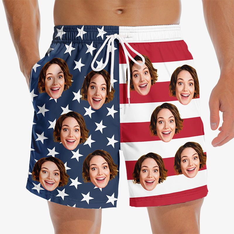 Discover Custom Photo Rocking The Red, White, And Blue - Funny Personalized Custom Patriotic Men Beach Shorts