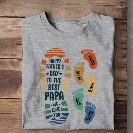 Discover Happy Father's Day The Best Papa Grandpa Daddy Footprint Kids Personalized T-Shirt