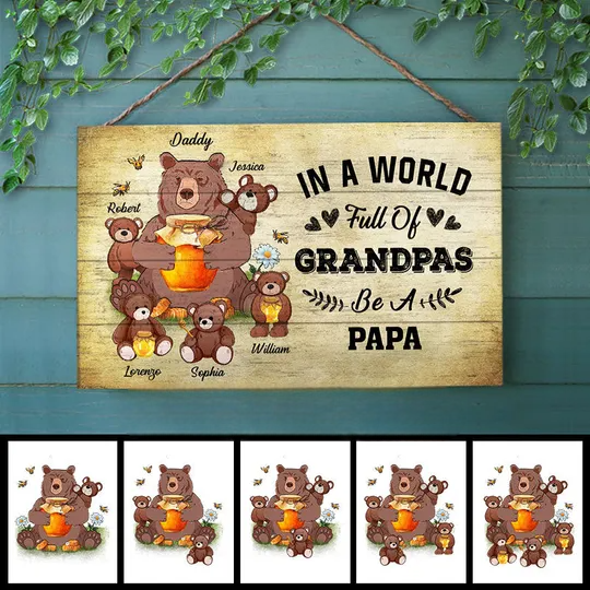 Discover Bear Papa Dad And Child In A World Custom Personalized Wood Rectangle Sign