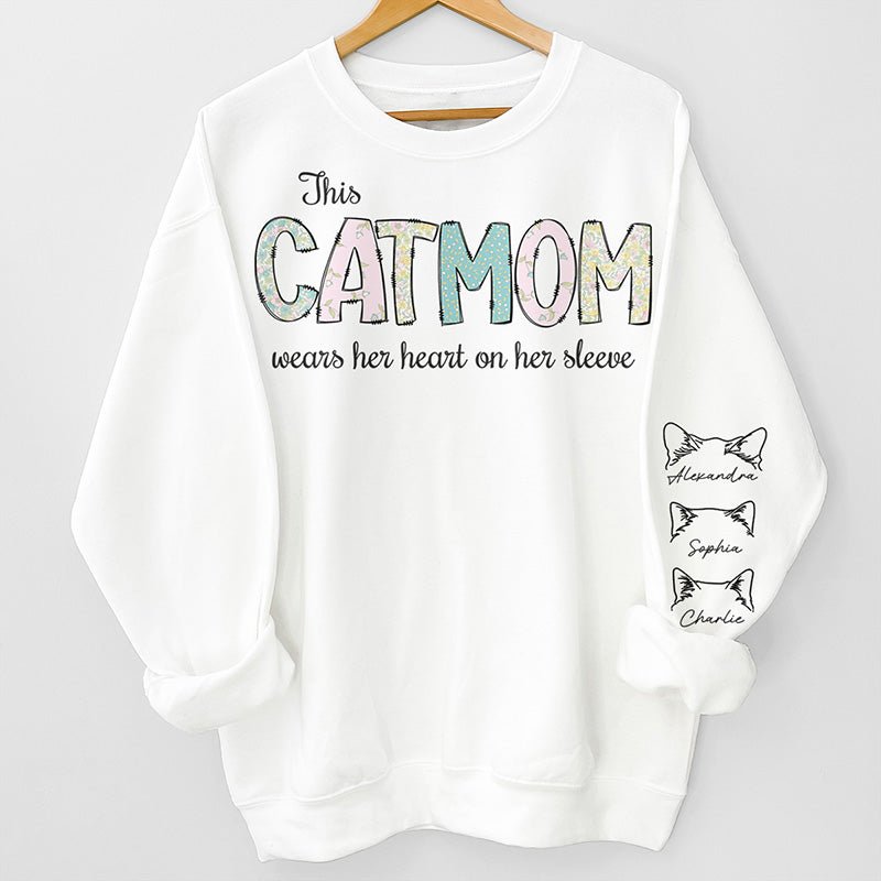 Her Heart On Her Sleeve - Cat Personalized Sweatshirt With Design On Sleeve - Gift For Pet Owners, Pet Lovers