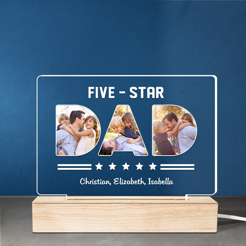 Custom Photo Five Star Dad Papa - Family Personalized Custom Rectangle Shaped 3D LED Light - Father's Day, Birthday Gift For Dad, Grandpa