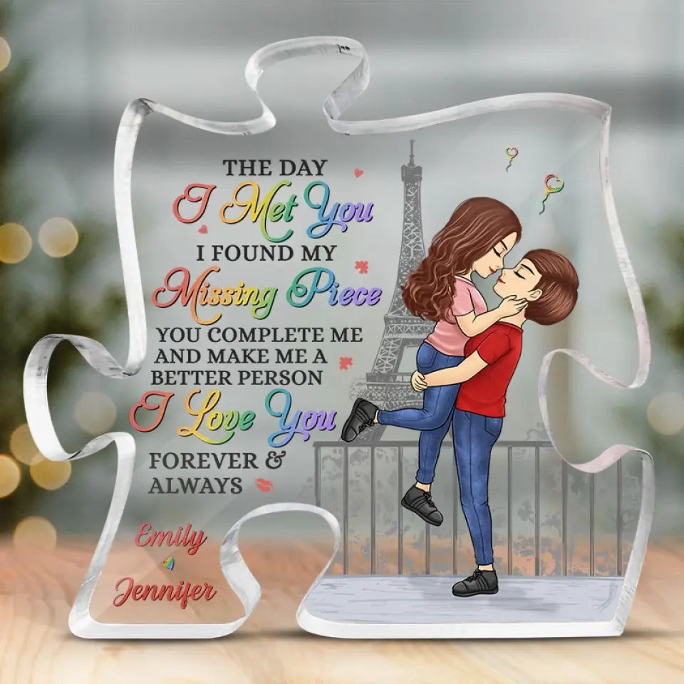 Discover The Day I Met You I Found My Missing Piece - Couple Personalized Custom Puzzle Shaped Acrylic Plaque - Gift For Husband Wife, Anniversary, LGBTQ+