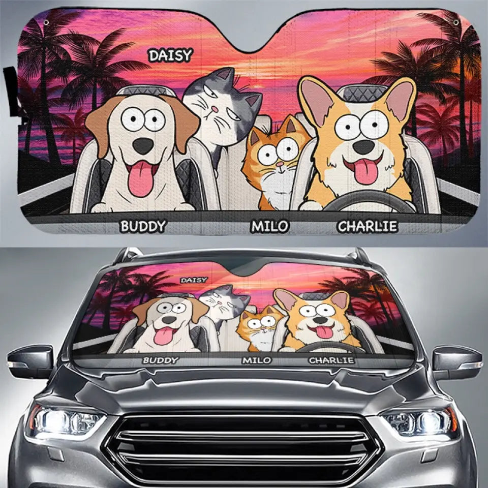 Pet Happy Journey In Sunset - Dog & Cat Personalized Custom Auto Windshield Sunshade, Car Window Protector - Gift For Pet Owners, Pet Lovers
