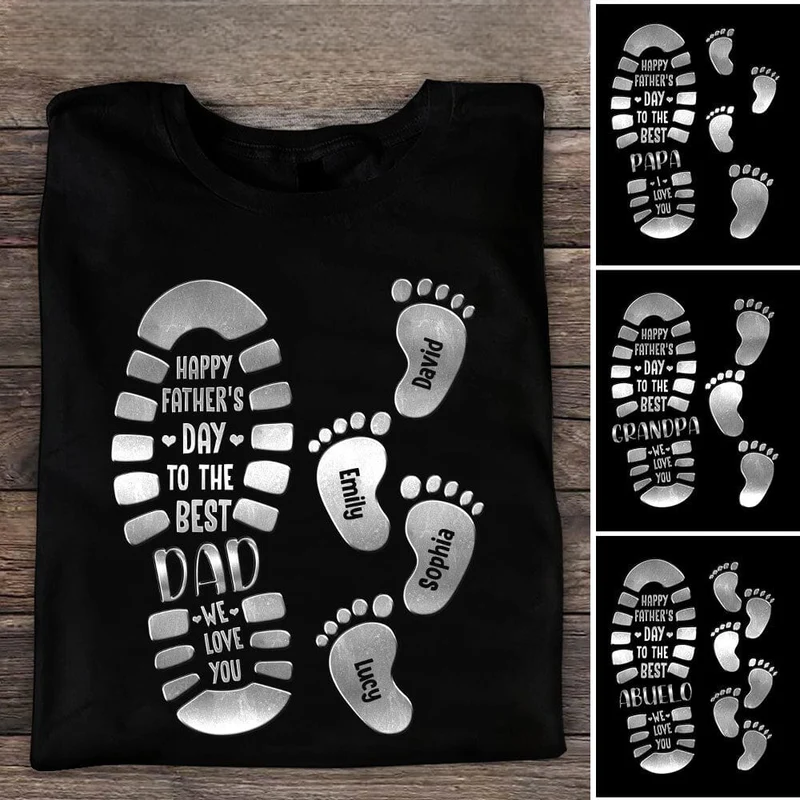 Best Dad Grandpa Footprints Shoeprint Personalized Happy Father's Day T-Shirt