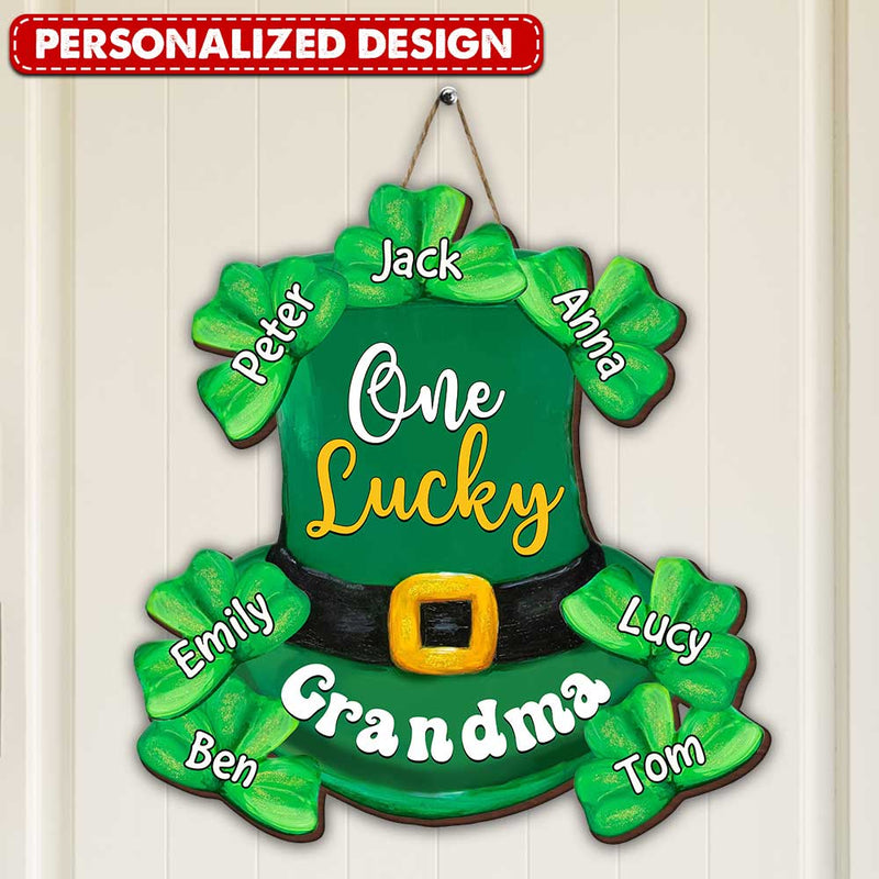 Discover St. Patrick's Hat, One Luck Grandma Mom Shamrock Kids Personalized Wooden Sign