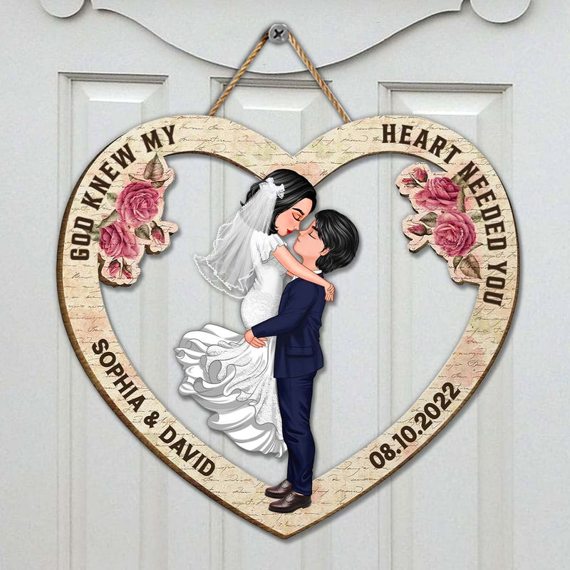 Discover Married Engaged Doll Couple Kissing Hugging - Personalized Wood Shape Sign
