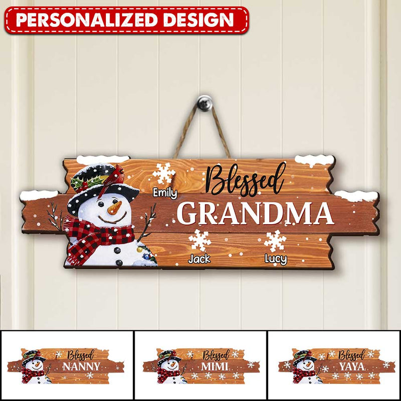 Discover Christmas Blessed Snowman Grandma Mom Snowflake Kids Personalized Wood Sign