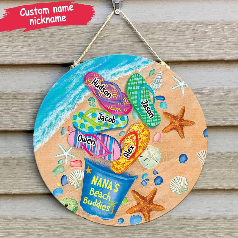 Discover Nana's Beach Buddies Summer Flip Flop Personalized Circle Wood Sign Perfect Gift for Grandmas Moms Aunties