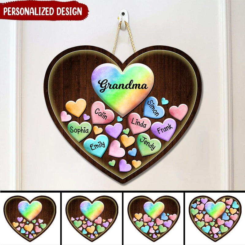 Discover Colorful Pastel Grandma Mom Kids Heart In Heart Personalized Wood Sign