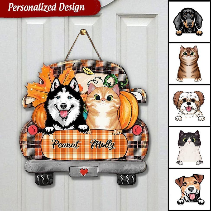 Discover Personalized Dog & Cat Mom Fall Season Truck Shape Wooden Sign