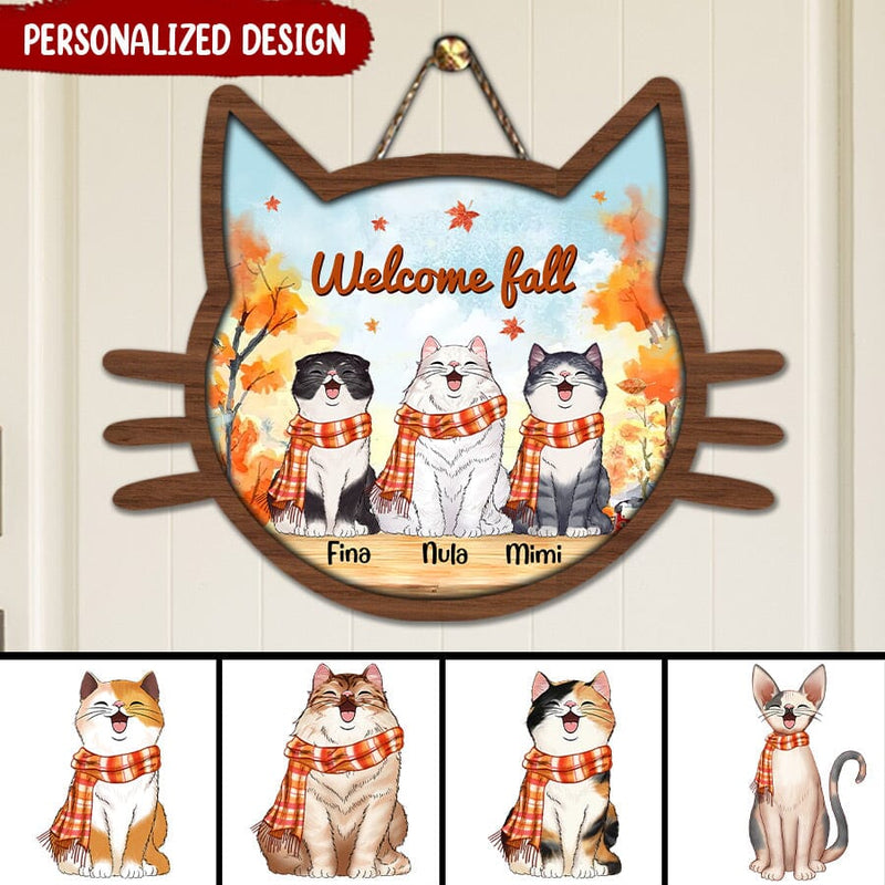 Discover Welcome Fall Autumn Scarf Cat Shape Wooden Sign