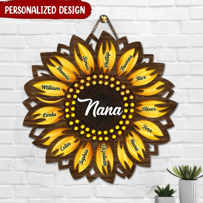 Discover Custom Mom, Grandma With Kids Name Sunflower Shape Wooden Sign