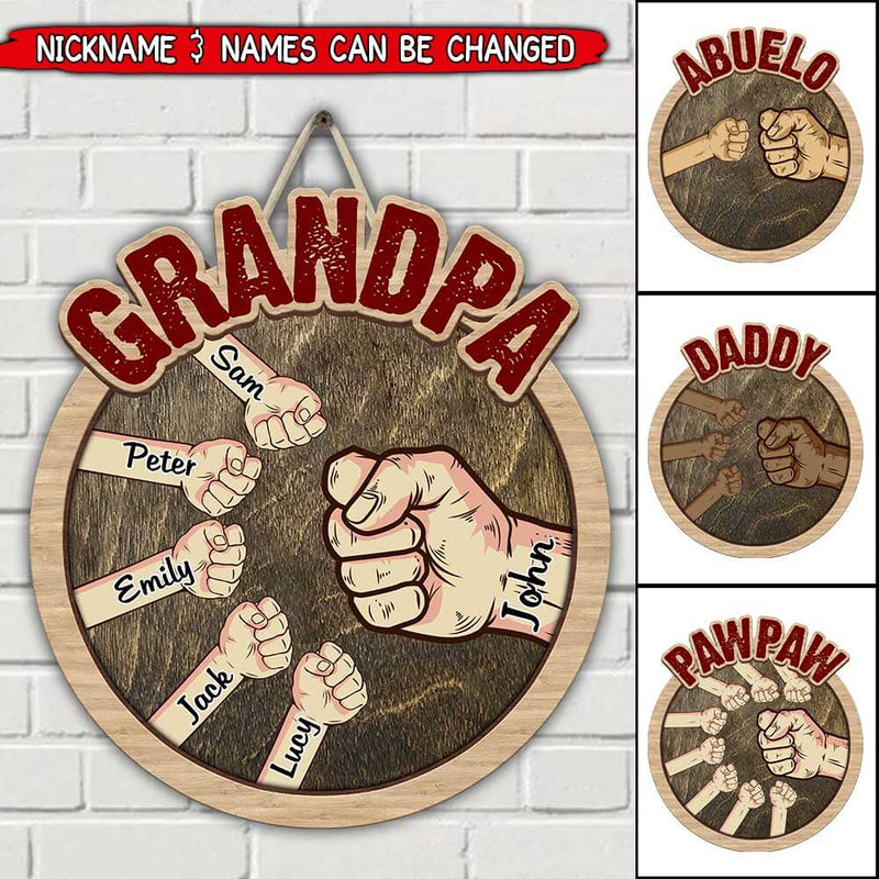Discover Father's Day Gift Personalized Grandpa with Grandkids Hand to Hands Shape Wooden Sign