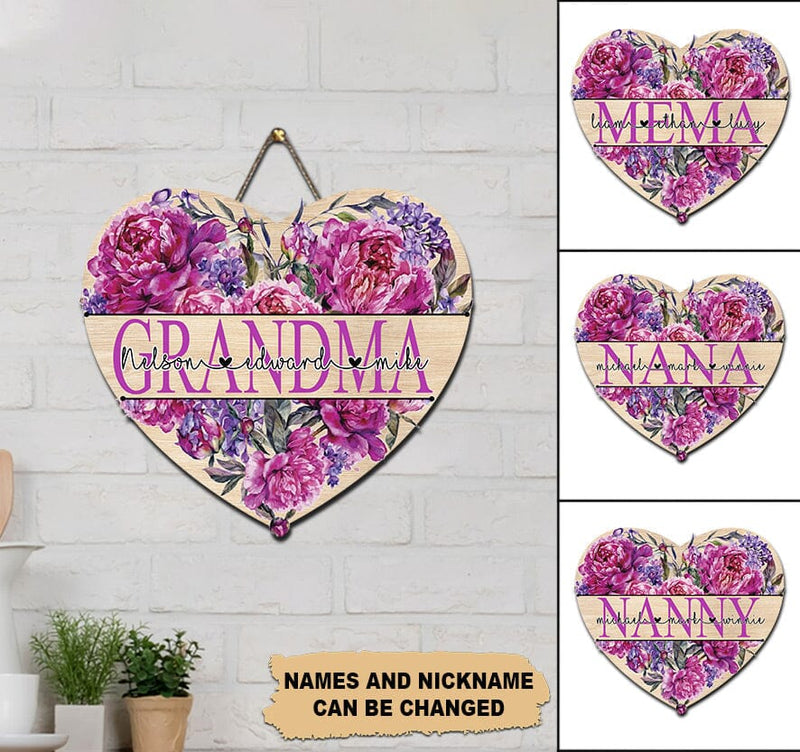 Discover Floral Heart Grandma- Mom Loves Sweet Kids Custom Shape Wooden Sign
