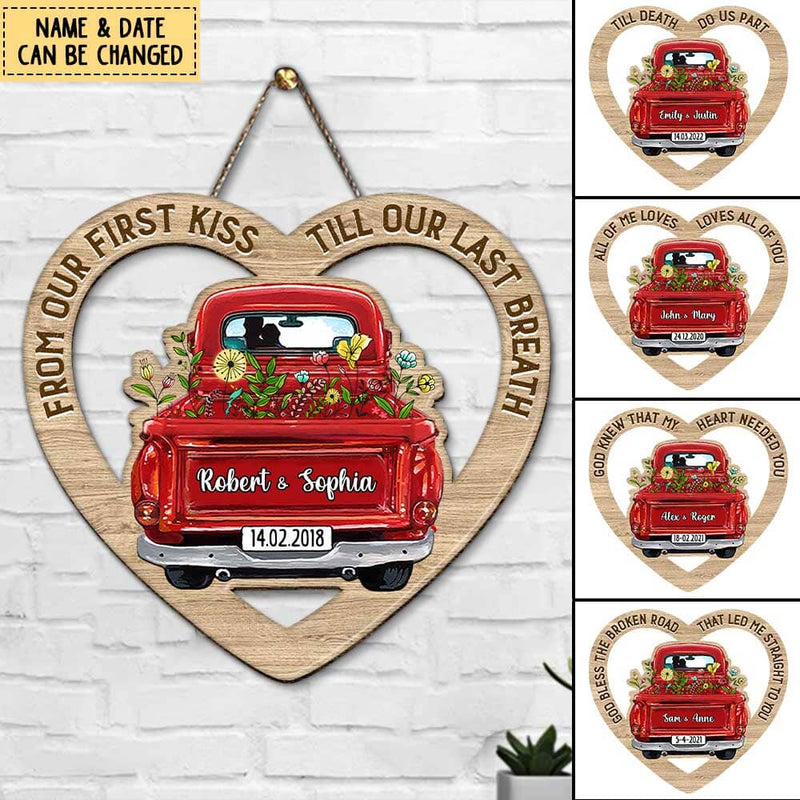Discover Personalized Couple Red Truck Flower Heart Shape Wooden Sign
