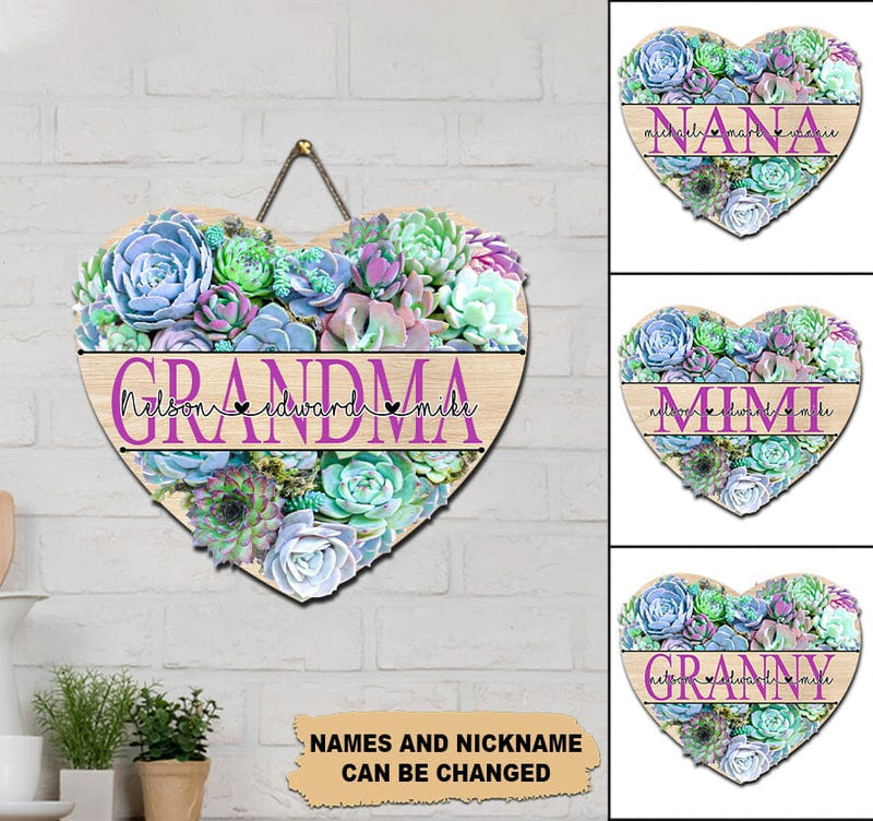 Discover Personalized Grandma With Kid's Names Stone Lotus Frame Heart Shape Wooden Sign