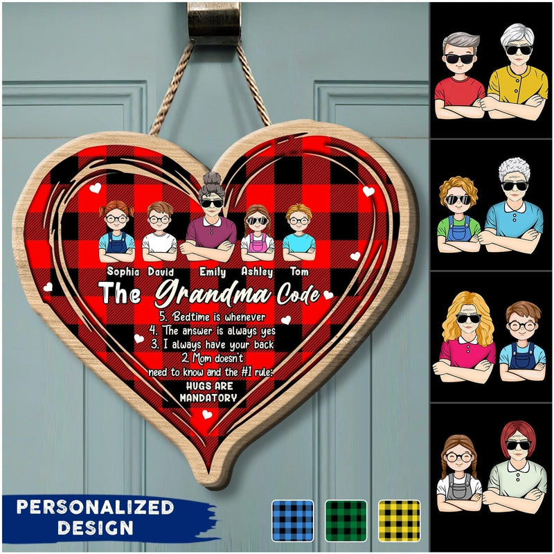 Discover The Grandma Code Heart Plaid Pattern Custom Gift For Grandma Shape Wooden Sign