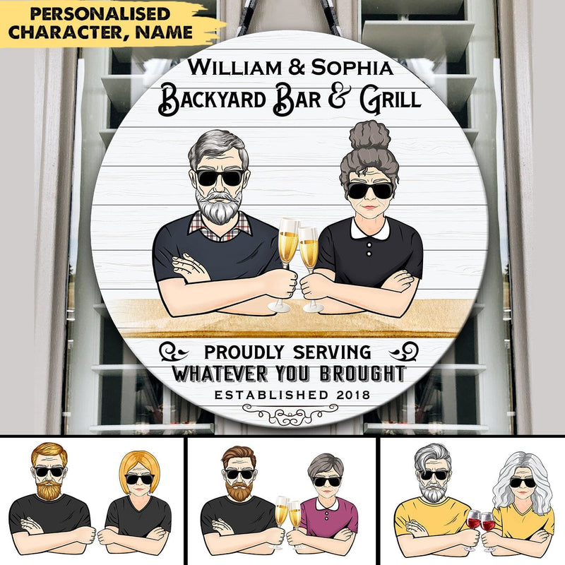 Discover Personalized Backyard Bar & Grill Couple Wood Sign