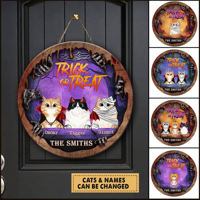 Discover Trick Or Treat Horror Hands With Halloween Cats Personalized Circle Wood Sign