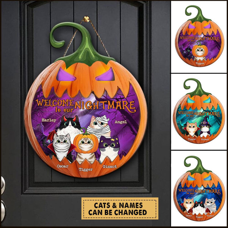 Discover Welcome To Our Nightmare Halloween Cats Personalized Shape Wooden Sign